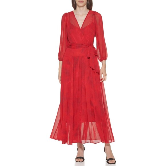 Calvin Klein chiffon midi dress Size 8 red long sleeve faux wrap fit and flare - Picture 1 of 14